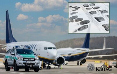 Na zdjęciu płyta lotniska. Na pierwszym planie służbowy samochód z napisem Straż Graniczna. Tuż za nim przód samolotu pasażerskiego a w tle tył kolejnego samolotu. W prawym górnym rogu ramka a w niej ilustracja odcisków palców.