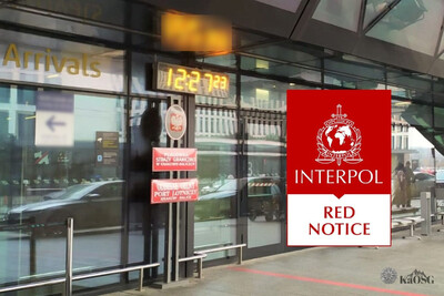 Kolaż zdjęć. Wejście do budynku lotniska, nad nim napis arrivals obok drzwi godło i tablica instytucjonalna - Placówka Straży granicznej w krakowie balicach oraz urzędu celnego. na to nałożone logo biało-czerwone z napisem interpol red notice