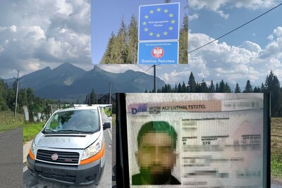Chciał oszukać funkcjonariuszy kolaż zdjęć: dokument zatrzymanego cudzoziemca obok pojazd którym podróżował, nad nim zdjęcie znaku granica państwa. to wszystko na tle gór