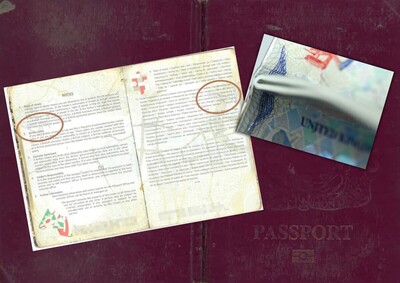 Kolaż zdjęć: w tle okładka brytyjskiego paszportu, na niej zdjęcie stron 4 i 7 (brak stron 5 i 6) oraz plik stron paszportu - widok od dołu.