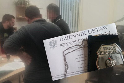 Kolaż zdjęć. W tle dwaj zatrzymani Gruzini, przesłuchiwani przez funkcjonariusza Straży Granicznej. na pierwszym planie pierwsza strona ustawy o cudzoziemcach z położoną na niej metalową służbową odznaką z napisem Straż Graniczna.