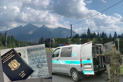 Kolaż zdjęć. W tle Tatry. Po lewej stronie okładka syryjskiego paszportu oraz jedna z wewnętrznych stron. Po prawej oznakowany samochód służbowy Straży granicznej z jednym z zatrzymanych cudzoziemców w asyście funkcjonariusza Straży Granicznej stojącego tyłem.