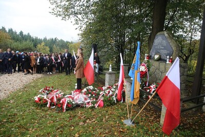 fot.tarnow.naszemiasto.pl pomnik poległych żołnierzy armii krajowej i zebrani uczestnicy uroczystości. obok pomnika flagi białoczerwone oraz złożone kwiaty i znicze.