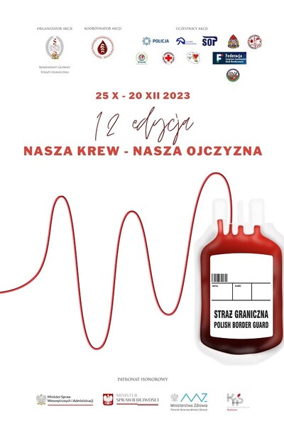 I Ty możesz pomóc – oddaj krew - zapraszamy !!! plakat z akcji dotyczący akcji oddawania krwi pod nazwą Nasza Krew nasza ojczyzna. na plakacie są wypisani organizatorzy, koordynatorzy akcji oraz patronaci.