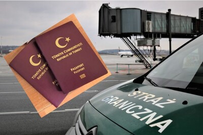 Kolaż zdjęć. Tło stanowi płyta lotniska na Balicach. Stoi na niej samolot, rękaw transportowy i samochód z napisem straż graniczna. Na tym zdjęcie dwóch paszportów tureckich.