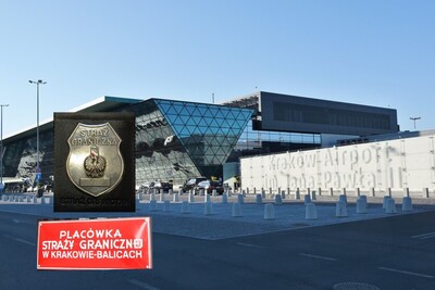 kolaż zdjęć. na tle budynku lotniska w krakowie balicach umieszczono tablicę urzędową z napisem Placówka Straży Granicznej w krakowie-balicach oraz odznakę funkcjonariusza sg