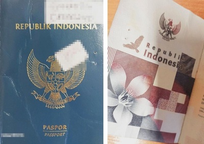 Kolaż zdjęć. pierwsza strona paszportu indonezyjskiego oraz jedna ze stron w środku