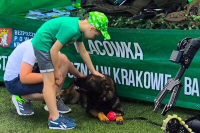 dwóch chłopców głaszczą psa służbowego przy stoisku promocyjnym straży granicznej. jeden z chłopców ma na sobie zieloną koszulkę i zieloną czapkę natomiast drugi ma koszulkę koloru białego.