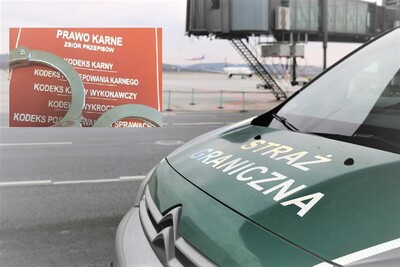 Kolaż zdjęć. na tle płyty lotniska stoi samochód SG, w prawym górnym roku kodeks karny na którym leżą kajdanki