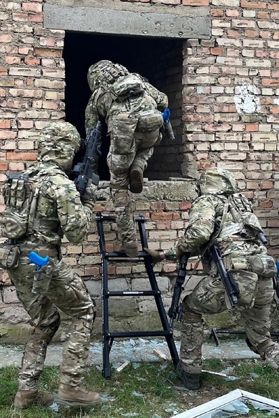 funkcjonariusze straży granicznej wykonujący ćwiczenia przy budynku na poligonie wojskowym. na zdjęciu widoczni funkcjonariusze wchodzący do budynku w zwartej grupie. są wyposażeni w broń i umundurowani na bojowo. funkcjonariusz wchodzi przez okno do budynku.