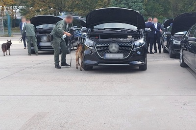 funkcjonariusze straży granicznej sprawdzający pojazdy na materiały wybuchowe i niebezpieczne. w sprawdzaniu pomaga pies służbowy. całość odbywa się na zewnątrz.