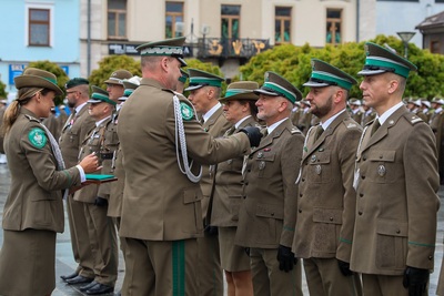 Na zdjęciu widać dwanaście osób, które ubrane są w mundury. Jedna osoba przypina medal mężczyźnie do munduru. W tle stoi rząd budynków. Widoczne są zielone drzewa.
