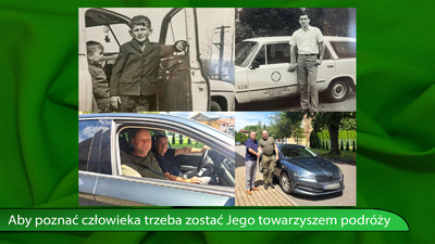 Kolaż czterech zdjęć. Dwa czarno-białe, dwa kolorowe. Na pierwszym widać małego chłopca, który stoi przy samochodzie. Na drugim widać mężczyznę, który soi przy samochodzie. Kolejne zdjęcie ukazuje dwóch mężczyzn siedzących w samochodzie, jeden z nich jest za kierownicą. Następne zdjęcie ukazuje dwóch mężczyzn stojących przy grafitowym samochodzie. Podają sobie ręce, jeden ubrany jest w mundur, drugi ciemne spodnie i koszula z krótkim rękawem