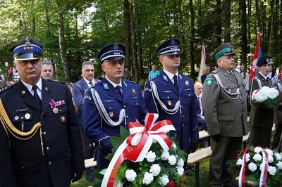 Delegacja przedstawicieli różnych służb mundurowych przygotowuje się do złożenia wieńców. Widoczni są oficerowie w mundurach straży pożarnej, policji, straży granicznej oraz Wojska Polskiego. W rękach trzymają okazałe wieńce ozdobione biało-czerwonymi szarfami. Za nimi widoczni są uczestnicy w strojach cywilnych. W tle ustawione są poczty sztandarowe.