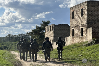 Grupa mężczyzn w mundurach w kamizelkach z napisem Straż Graniczna idzie drogą. Po lewej stronie widać drzewa i niebieskie niebo. Po prawej stronie widać budynek z cegieł.