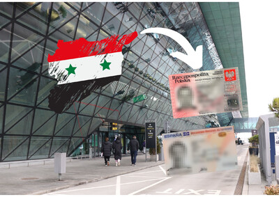 Kolaż zdjęć. Na tle budynku lotniska nałożona jest mapa syrii w kolorach jej flagi. z niej wychodzi strzałka w kolorze białym wskazująca na polski i hiszpański dowód osobisty z zamazanymi danymi