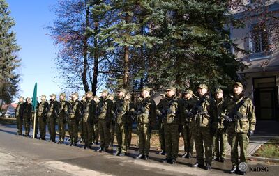 Grupa żołnierzy lub funkcjonariuszy maszerujących w szyku na zewnątrz w mundurach maskujących typu moro  i czapkach. Każdy z nich ma przewieszony karabin oraz czarne rękawiczki. W tle widać białe pojazdy i błękitne niebo.