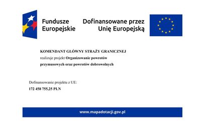 Wyraźna grafika informacyjna (baner) dotycząca dofinansowania projektu przez UE. Treść: &quot;Fundusze Europejskie&quot;, &quot;Komendant Główny Straży Granicznej realizuje projekt Organizowanie powrotów przymusowych oraz powrotów dobrowolnych&quot;.