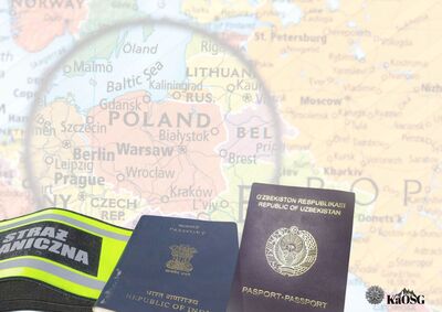 Na zdjęciu  grafika przedstawiająca w tle mapę Polski, na której leżą dwa paszporty. Jeden z nich to paszport Republiki Indii, drugi Republiki Uzbekistanu. Po lewej stronie w dolnej części strony widać opaskę naramienną z napisem Straż Graniczna.
