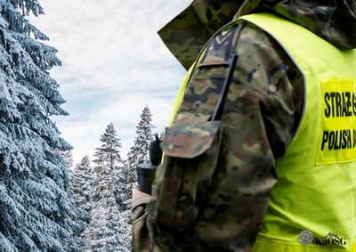Na zdjęciu fragment ramienia mężczyzny ubranego w mundur z napisem Straż Graniczna. W tle ośnieżone drzewa iglaste.