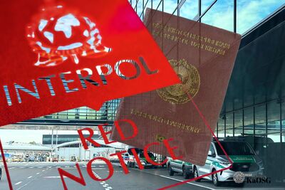 Na zdjęciu widać znak czerwonej noty Interpolu, z prawej strony widać paszport w kolorze rudym kraju Uzbekistan. Tłem jest widok na port lotniczy.