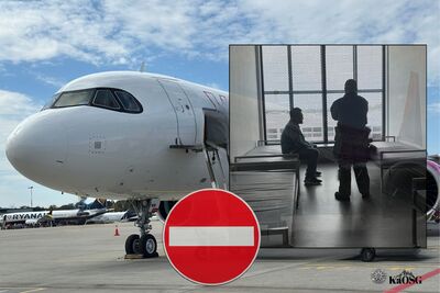 Na zdjęciu widać w tle duży samolot pasażerski mz prawej strony zdjęcia widać mniejsze zdjęcie na którym s a dwaj mężczyźni