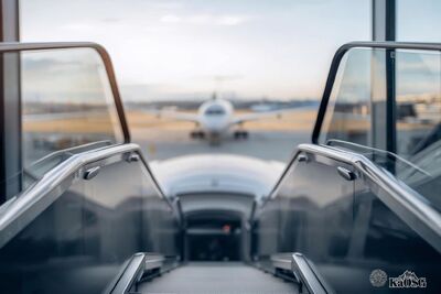 Na zdjęciu w tle fragment płyty lotniska oraz samolot. Na pierwszym planie wejście do samolotu tzw. schodki.