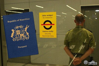 Kolaż zdjęć. Na szklanych drzwiach napis Granica strefy, za szyba stoi tyłem funkcjonariusz. Po lewej okładka paszportu Mauritius