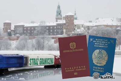 Kolaż zdjęć w tle widok na ośnieżony wawel na tle którego widać dach samochodu służbowego straży granicznej z napisem na kogutach straż graniczna. po prawej stronie nałożone okładki paszportów obywateli kolumbii i kazachstanu