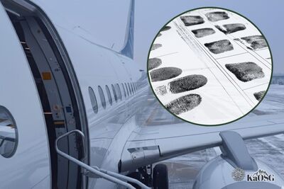 Na zdjęciu fragment samoloty, jego skrzydło i wejście. W tle płyta lotniska. W górnym prawym rogu w okrągłej ramce zdjęcie odcisków palców.