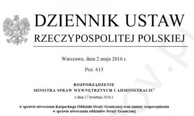 Skan Rozporządzenia Ministra Spraw Wewnętrznych i Administracji z dnia 27 kwietnia 2016 r. w sprawie utworzenia Karpackiego Oddziału Straży Granicznej oraz zmiany rozporządzenia w sprawie utworzenia oddziałów Straży Granicznej